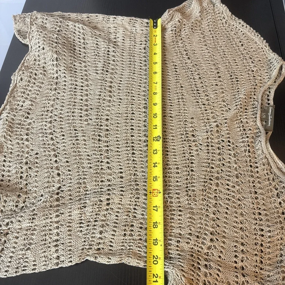 Tommy Bahama Womens Large Linen Top Brown Knit Pullover Crochet Mesh Coverup‎